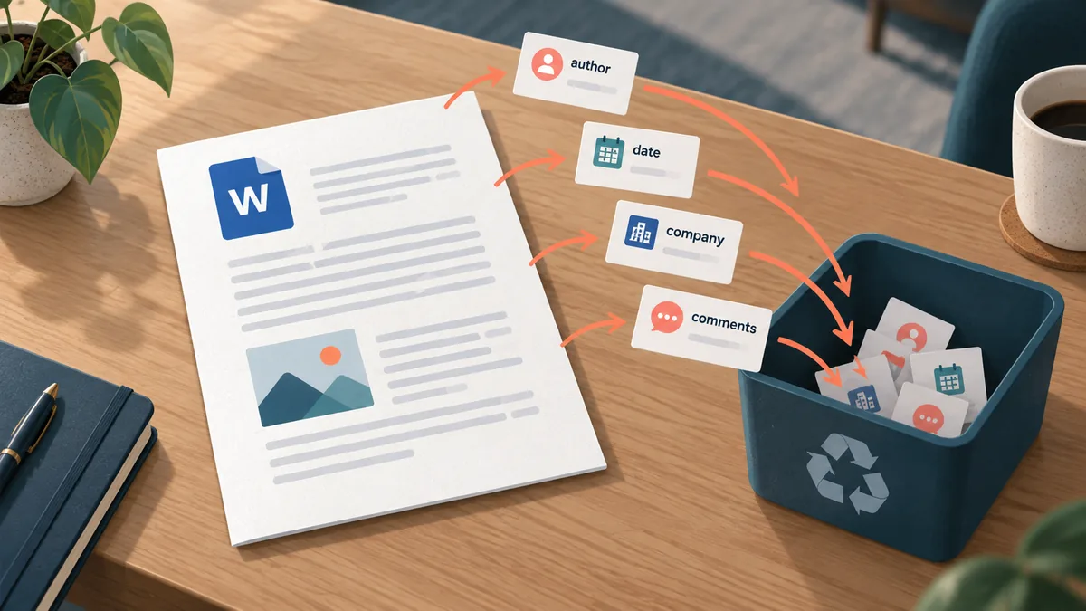 Document Word dont les étiquettes auteur, date, entreprise et commentaires vont vers une corbeille