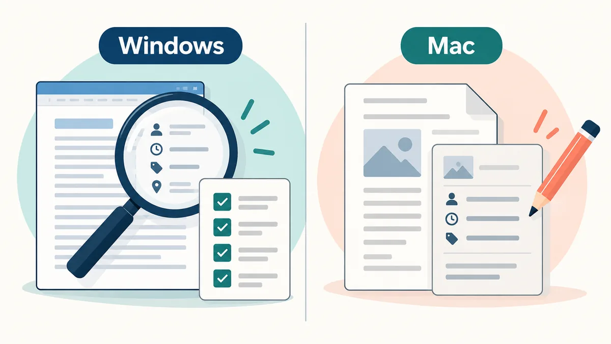 Comparaison entre l'Inspecteur Windows et la vérification manuelle des propriétés sur Mac